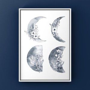 Modern minimalist moon phases & flowers art print